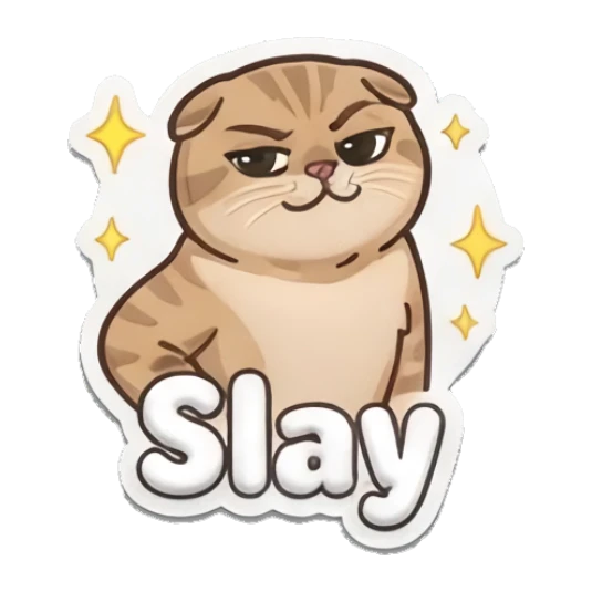 Confident tabby cat posing with sparkles and 'Slay' text Puffy Tabby Cat Moods sticker for expressive chats and social replies.
