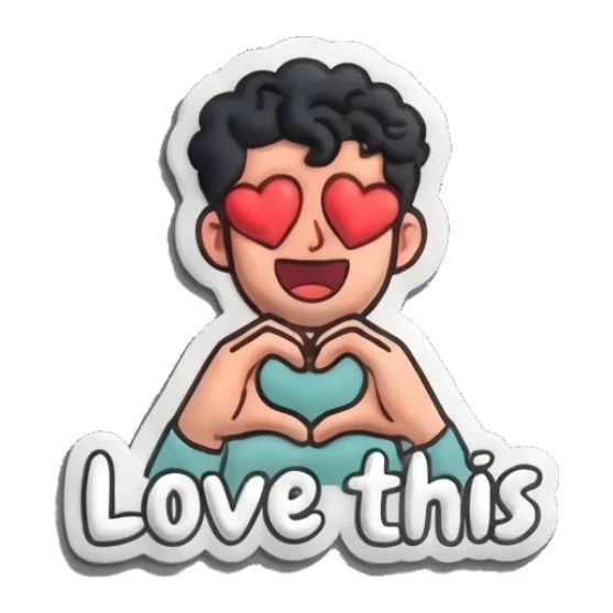 Man making a heart shape with hands and 'Love this' text. Curly Beard Guy Daily Vibes sticker for expressive chats and social replies.