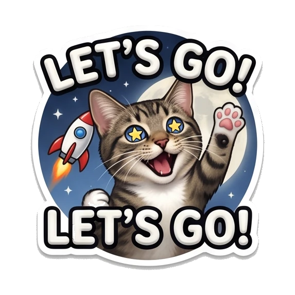 Tabby cat excited with star eyes and rocket, text says LETS GO. Cosmic Tabby Adventures sticker for expressive chats and social replies.