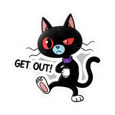 Annoyed black cat pointing away with get out text. Cool Black Cat Daily sticker for expressive chats and social replies.