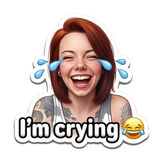 Laughing girl with tears of joy and 'I'm crying' text Red-Haired Girl Daily Vibes sticker for expressive chats and social replies.