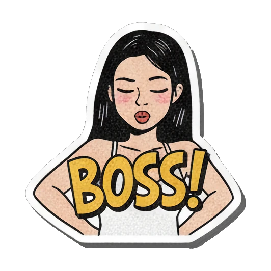 Girl looking confident with hands on hips, text BOSS! Retro Comic Girl Expressions sticker for expressive chats and social replies.