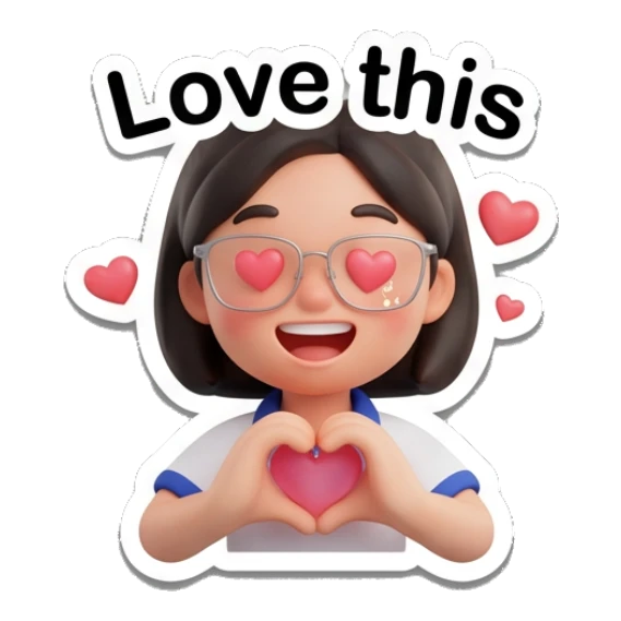 Girl with glasses making a heart shape with hands, eyes as hearts, saying Love this. Cheerful Glasses Girl Daily sticker for expressive chats and social replies.
