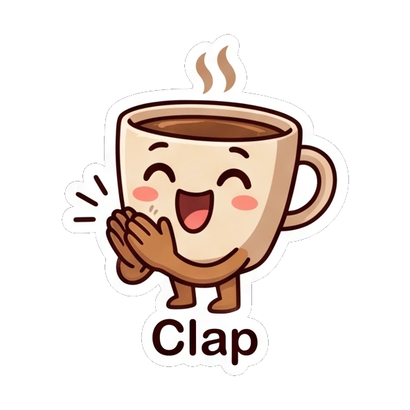 Cheerful coffee cup clapping its hands. Cheerful Coffee Cup Pals sticker for expressive chats and social replies.
