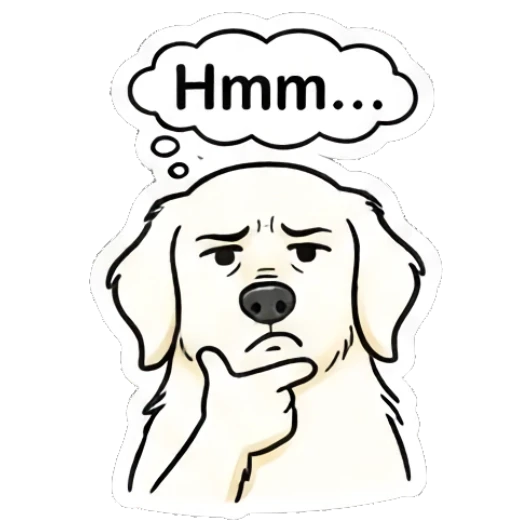 Pensive golden retriever thinking with a bubble and text 'Hmm...' Golden Retriever Daily Vibes sticker for expressive chats and social replies.