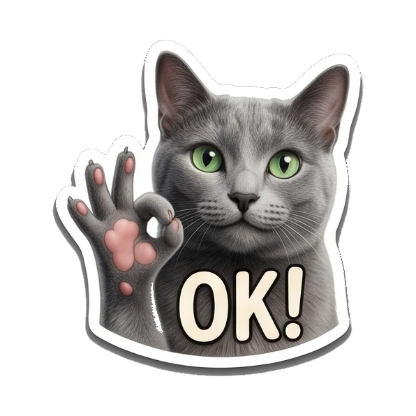 Gray cat making an OK gesture with paw, text OK! Gray Cat Daily Vibes sticker for expressive chats and social replies.