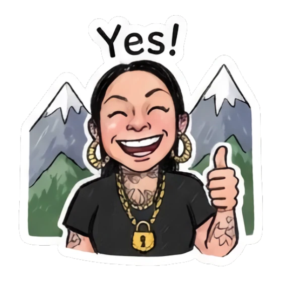 Girl giving thumbs up, happy expression, mountain background. Doodle Girl Vibes sticker for expressive chats and social replies.
