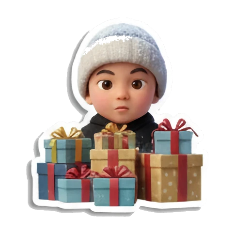 Boy sitting with gift boxes, winter gifts Winter Boy Adventures sticker for expressive chats and social replies.