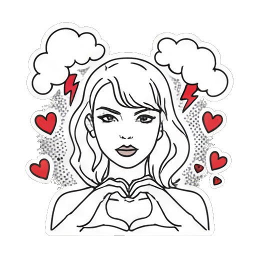 Girl making a heart shape with hands and red hearts with text Pop Art Girl Expressions sticker for expressive chats and social replies.