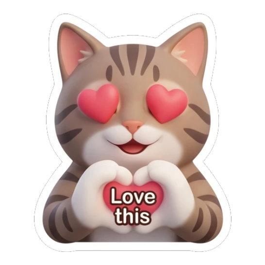 Tabby cat holding a heart with heart eyes, text Love this Tabby Cat Daily Vibes sticker for expressive chats and social replies.