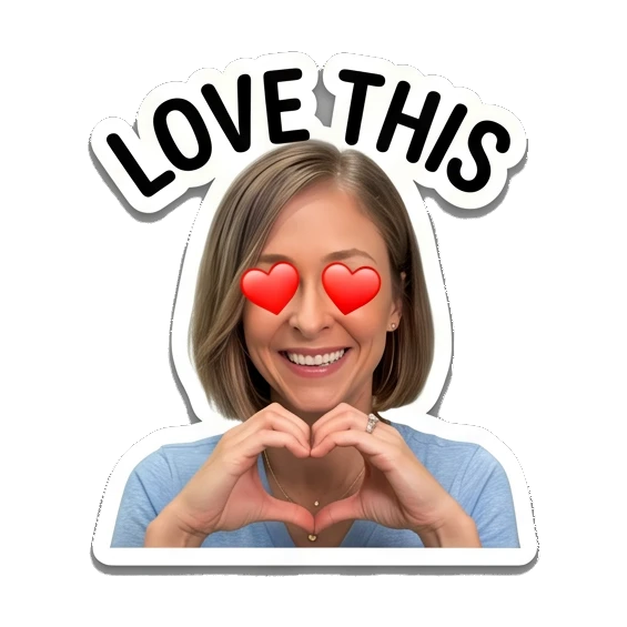 Woman making a heart shape with hands, text LOVE THIS Everyday Expressions of Sarah sticker for expressive chats and social replies.