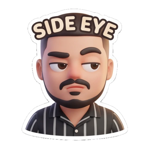 Bearded man giving a skeptical side-eye look with 'SIDE EYE' text. Modern Bearded Guy sticker for expressive chats and social replies.