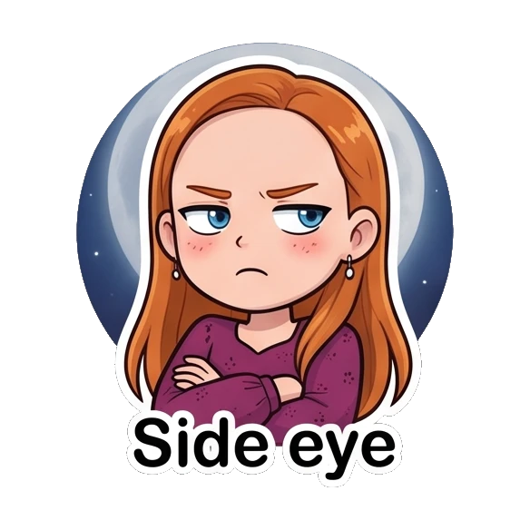 Ginger girl looking annoyed with a side-eye glance and crossed arms Ginger Girl Daily Life sticker for expressive chats and social replies.