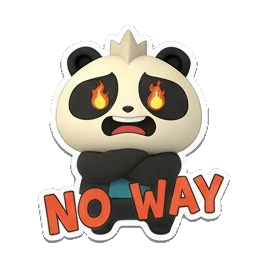 Panda with fire eyes and 'NO WAY' text, looking frustrated. Cosmic Panda Adventures sticker for expressive chats and social replies.
