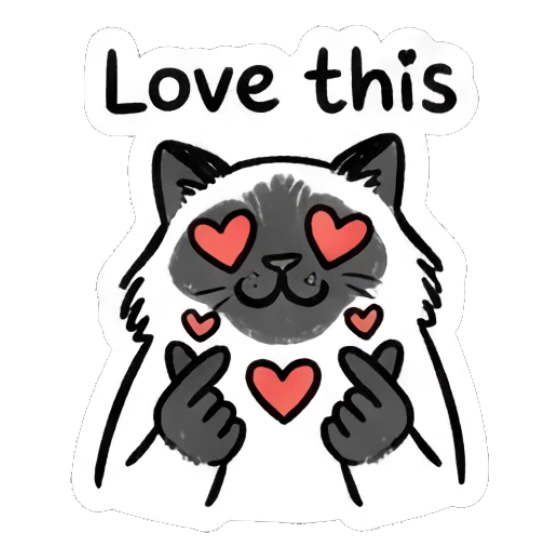 Loving Ragdoll cat with heart eyes and finger hearts, text 'Love this' Ragdoll Cat Moods sticker for expressive chats and social replies.