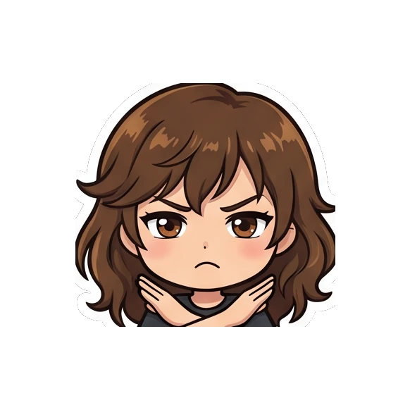 Brown-haired girl crossing her arms in a firm refusal. Brown Hair Chibi Girl Daily Life sticker for expressive chats and social replies.