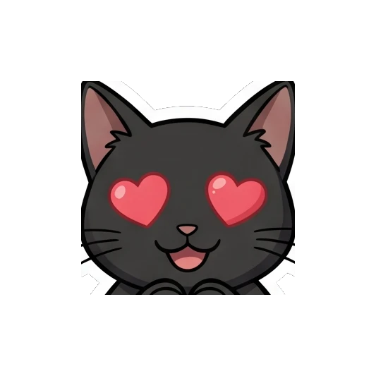 Black cat showing love with heart-shaped eyes and hands in a heart shape. Little Black Cat Expressions sticker for expressive chats and social replies.