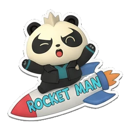 Panda flying on a rocket with 'ROCKET MAN' text. Cosmic Panda Adventures sticker for expressive chats and social replies.