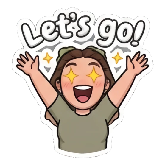 Girl with glasses cheering with hands up, eyes sparkling, text Let's go My Daily Moods sticker for expressive chats and social replies.