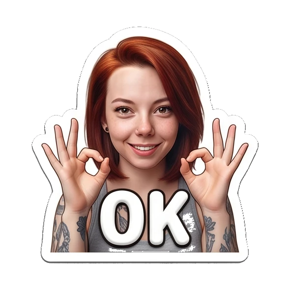 Red-haired girl making an OK hand gesture with a smile. Red-Haired Girl Expressions sticker for expressive chats and social replies.
