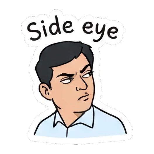 Man giving a suspicious side-eye with 'Side eye' text Office Guy Daily Vibes sticker for expressive chats and social replies.