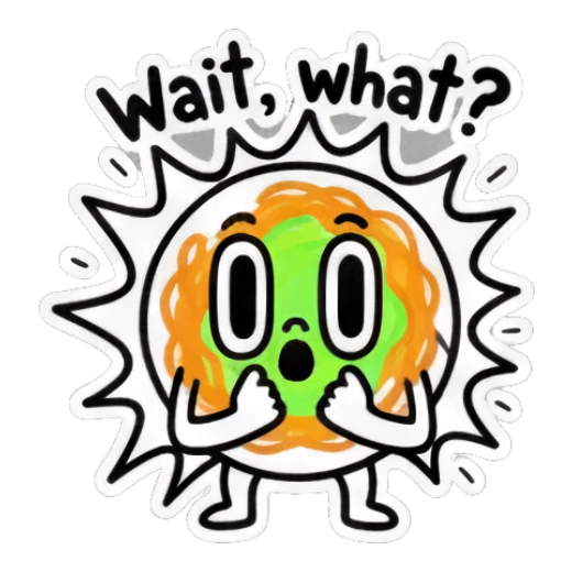Spaghetti character looking shocked with 'Wait, what?' text. Spaghetti Doodle Pals sticker for expressive chats and social replies.