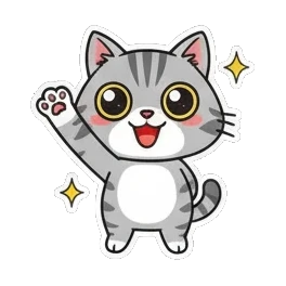 Gray tabby cat waving hand happily Cheerful Gray Tabby Adventures sticker for expressive chats and social replies.