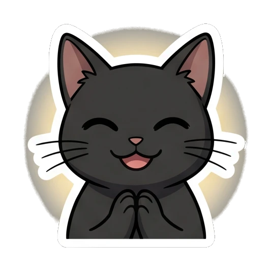 Black cat praying with a grateful and serene smile. Little Black Cat Expressions sticker for expressive chats and social replies.