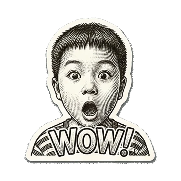 Surprised boy saying WOW! Little Boy's Engraved Emotions sticker for expressive chats and social replies.