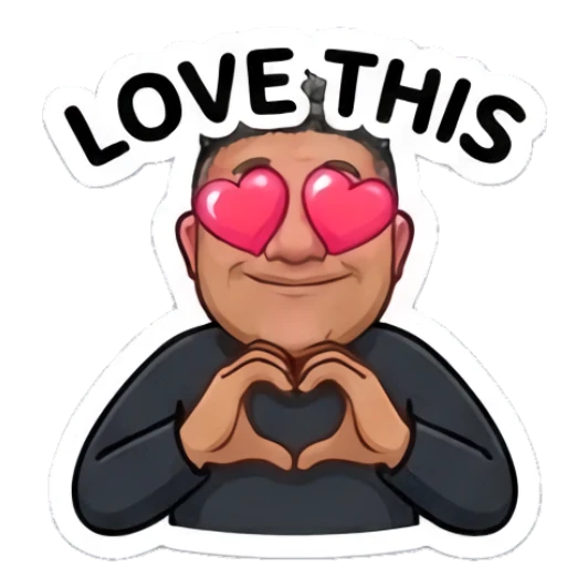 Man making heart hands with heart eyes, text LOVE THIS Cool Guy Daily Vibes sticker for expressive chats and social replies.