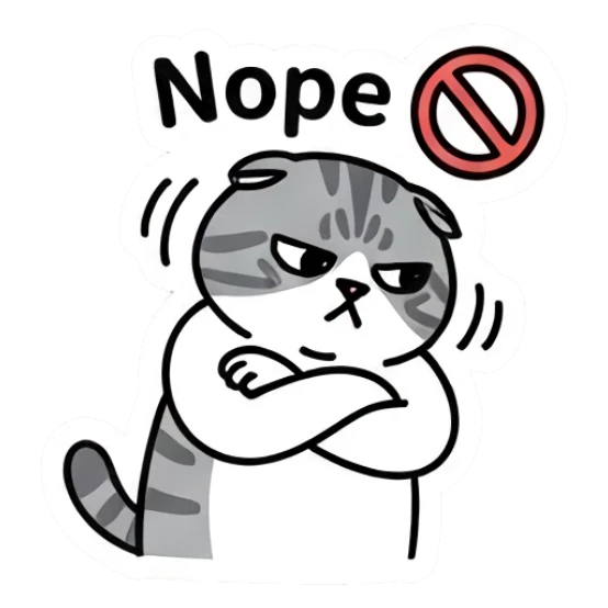 Annoyed gray cat with crossed arms and text Nope Gray Tabby Moods sticker for expressive chats and social replies.