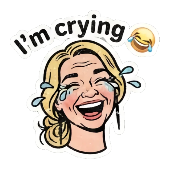 Blonde woman laughing with tears with text I'm crying Retro Blonde Daily Vibes sticker for expressive chats and social replies.
