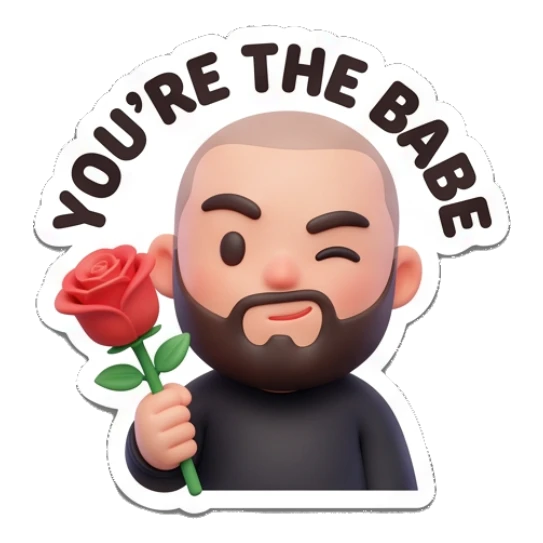 Bearded man holding a red rose, text YOU'RE THE BABE Bearded Buddy Expressions sticker for expressive chats and social replies.