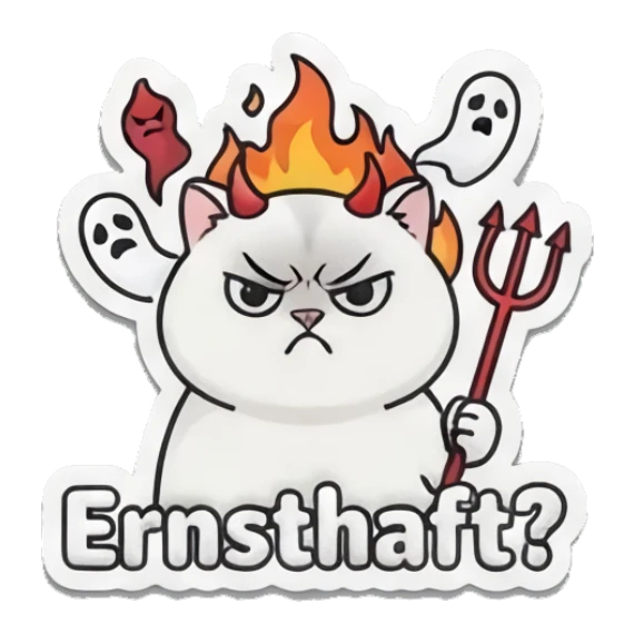 White cat devil with trident and fire, Ernsthaft? Spooky Cute Cat Halloween Vibes sticker for expressive chats and social replies.