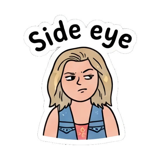 Skeptical girl giving side eye, saying Side eye Festival Boho Girl sticker for expressive chats and social replies.
