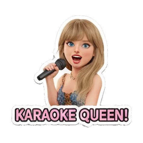 Blonde girl singing into a microphone with 'KARAOKE QUEEN!' text. Pop Star Party Vibes sticker for expressive chats and social replies.