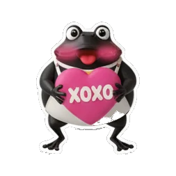 Happy chocolate frog holding a heart with XOXO text Choco Froggy Adventures sticker for expressive chats and social replies.