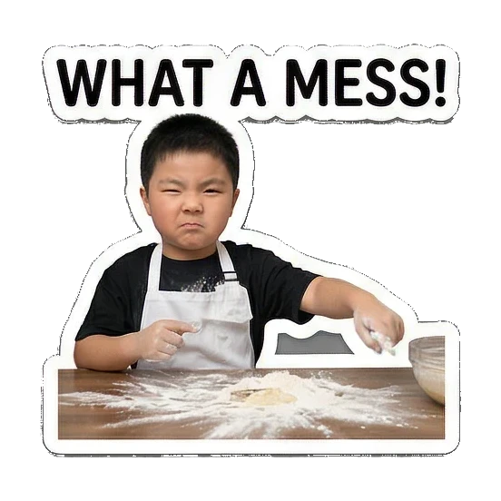 messy kitchen flour Little Chefs Cooking Adventures sticker for expressive chats and social replies.