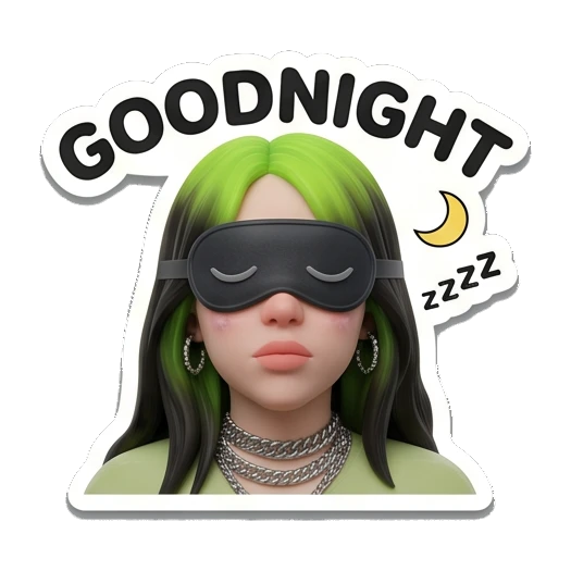 Billie character wearing sleep mask with GOODNIGHT text, sleeping Billie Eilish 3D Expressions sticker for expressive chats and social replies.
