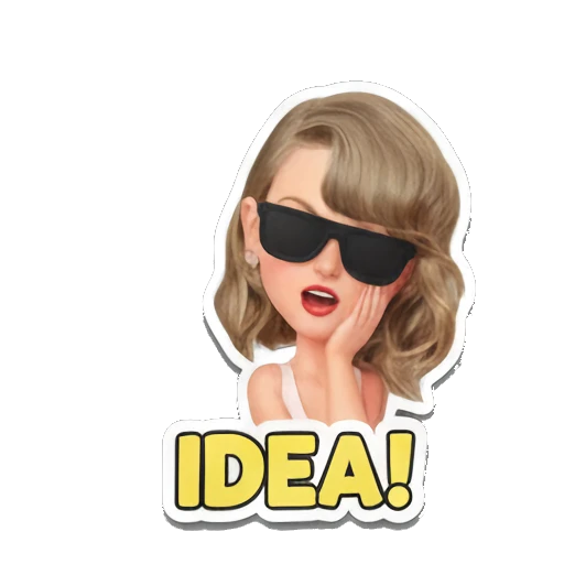 Blonde girl wearing sunglasses with a lightbulb, IDEA! text. Taylor Style 3D Adventures sticker for expressive chats and social replies.