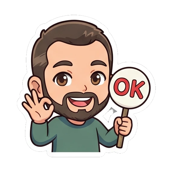 Bearded man making OK sign with sign Cheerful Bearded Guy sticker for expressive chats and social replies.