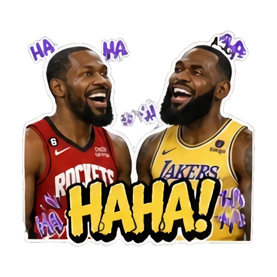 Two players laughing heartily, joyful, text HAHA. Basketball Legends Duo sticker for expressive chats and social replies.
