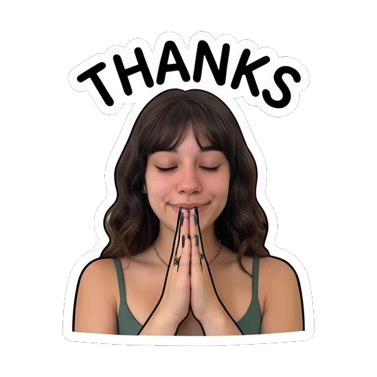 Young woman with hands in prayer position, text THANKS Daily Moods of a Girl sticker for expressive chats and social replies.