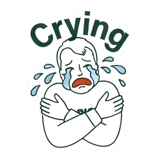 Crying man hugging himself with text Crying Big Thoughts Daily sticker for expressive chats and social replies.