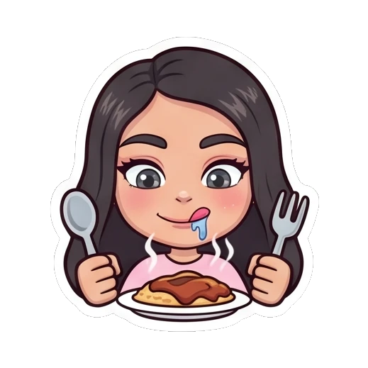 Girl eating a meal with a fork and spoon Cheerful Girl Daily Life sticker for expressive chats and social replies.