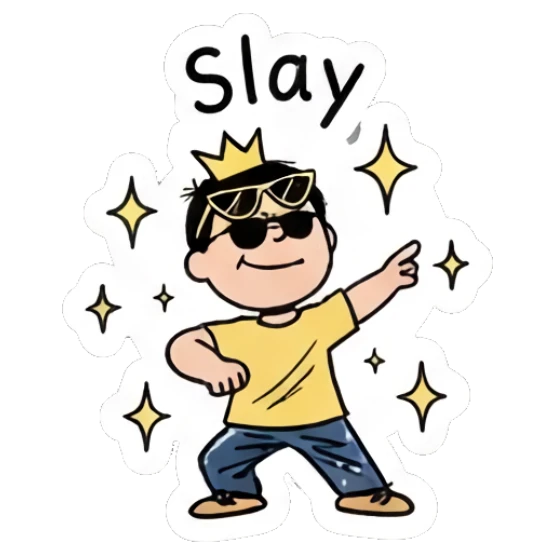 Boy wearing sunglasses and pointing with a cool pose saying Slay. Daily Life of a Cartoon Boy sticker for expressive chats and social replies.