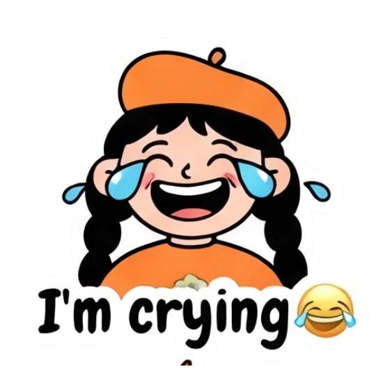 Girl laughing with tears, I'm crying text Beret Girl Daily Vibes sticker for expressive chats and social replies.