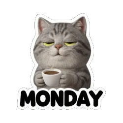 Gray tabby cat holding a coffee cup with MONDAY text Cheerful Gray Tabby Cat sticker for expressive chats and social replies.