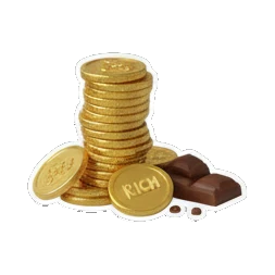 Pile of gold coins and chocolate with RICH text Choco Froggy Adventures sticker for expressive chats and social replies.