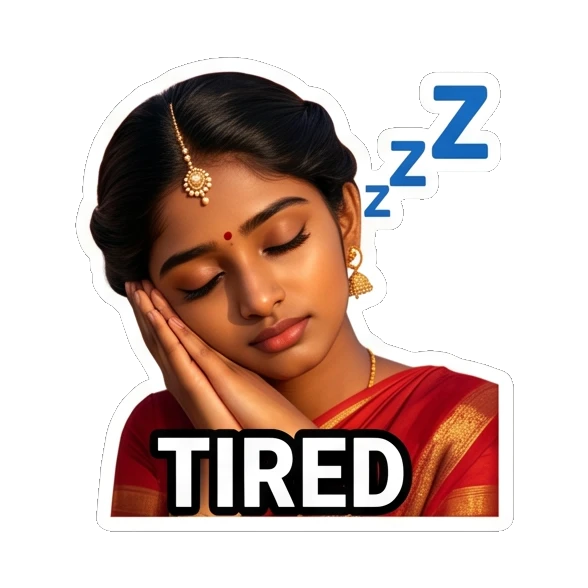 Sleepy Indian girl resting head on hands saying Tired Indian Girl Expressions sticker for expressive chats and social replies.